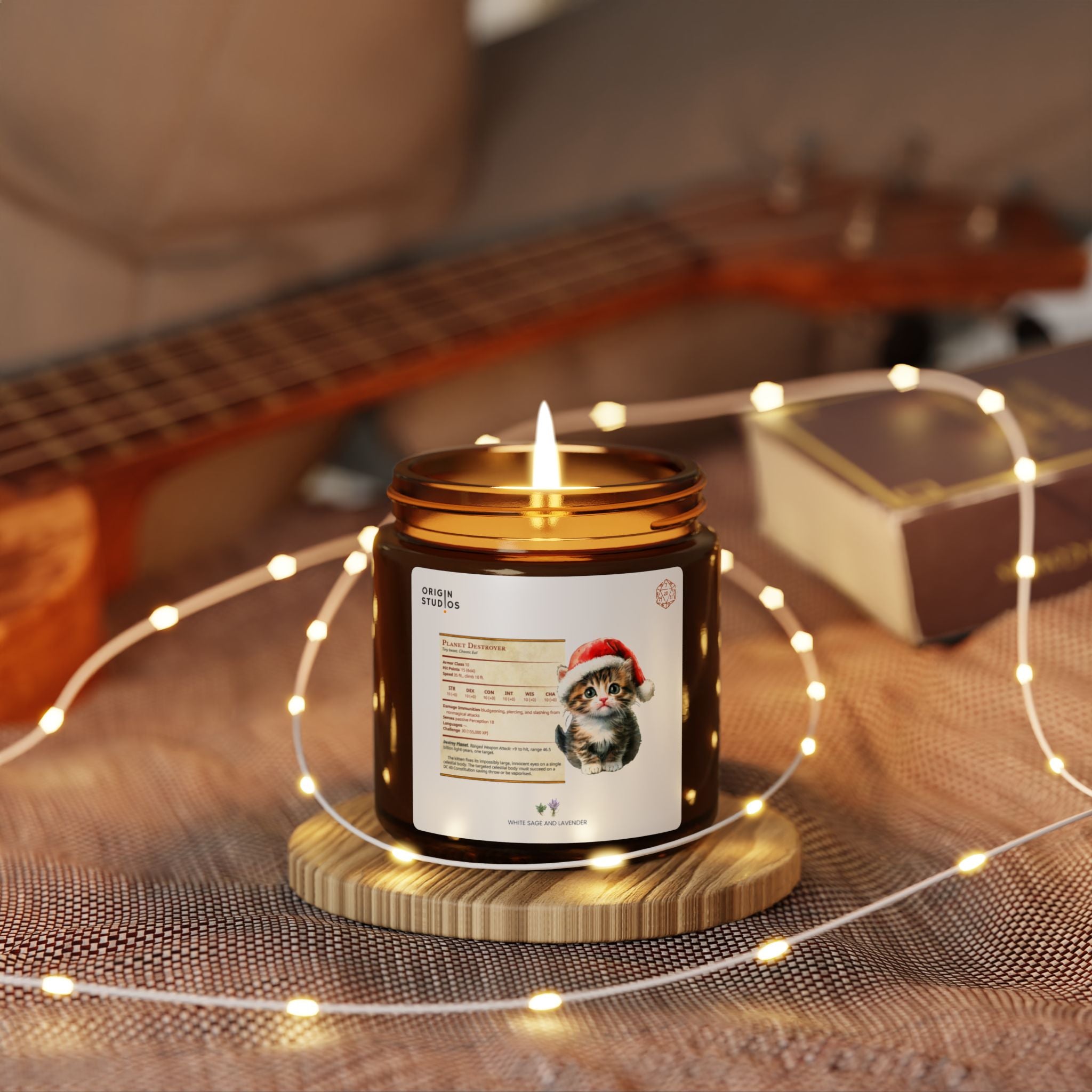 Planet Destroyer Scented Soy Candle — Amber Jar, Christmas Cat Design