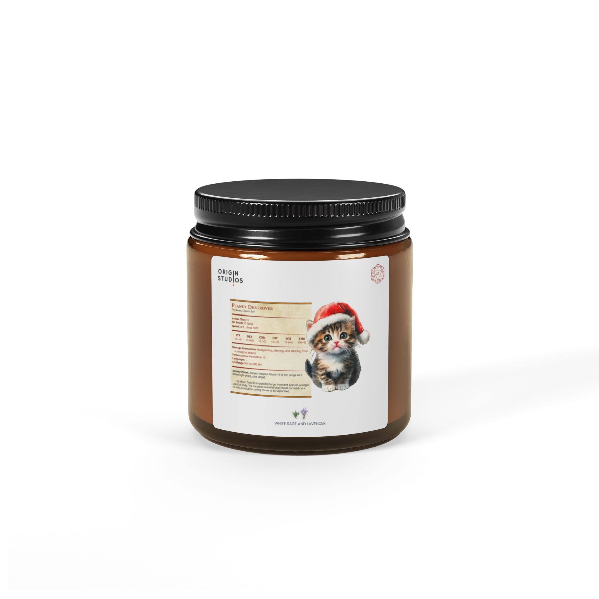 Planet Destroyer Scented Soy Candle — Amber Jar, Christmas Cat Design