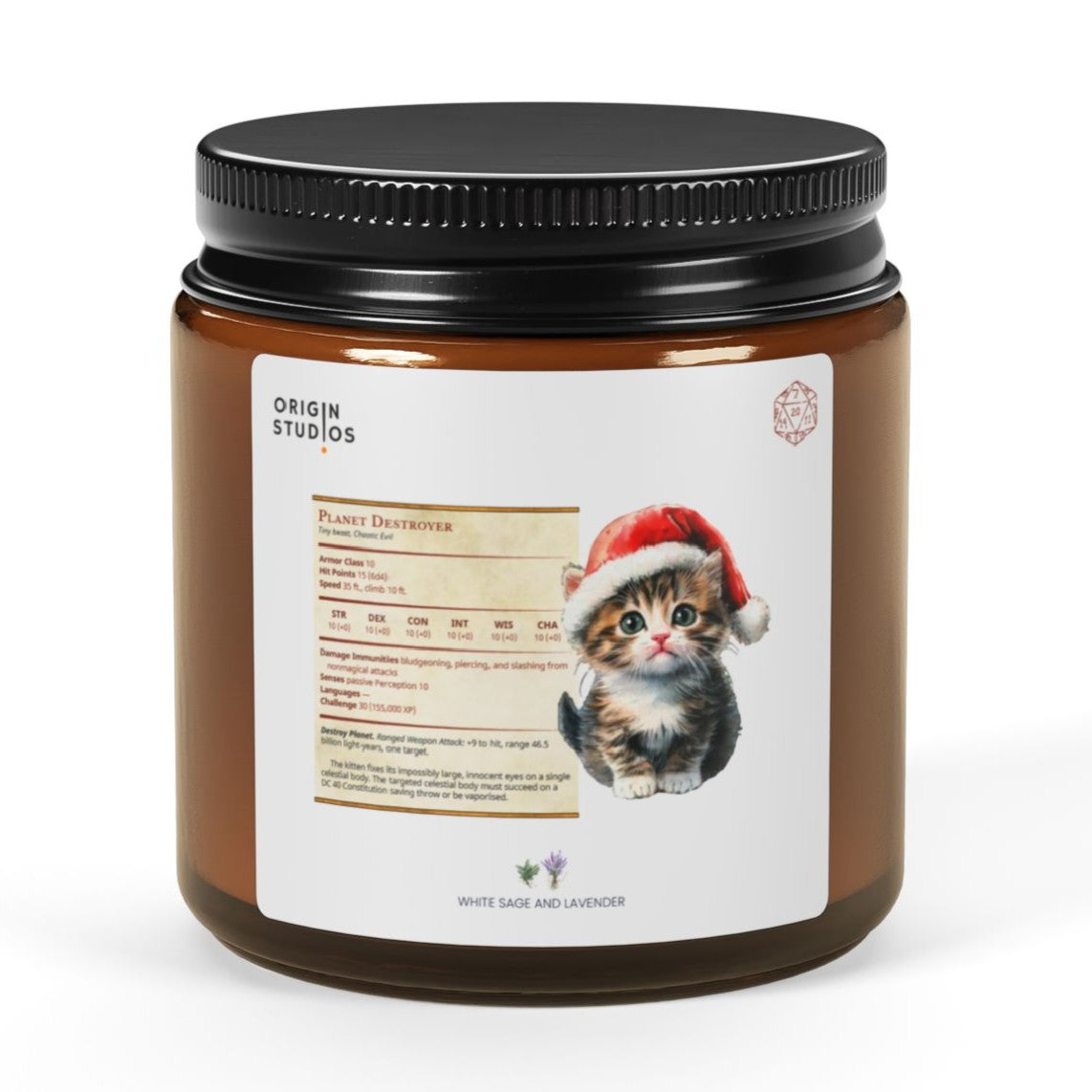 Planet Destroyer Scented Soy Candle — Amber Jar, Christmas Cat Design